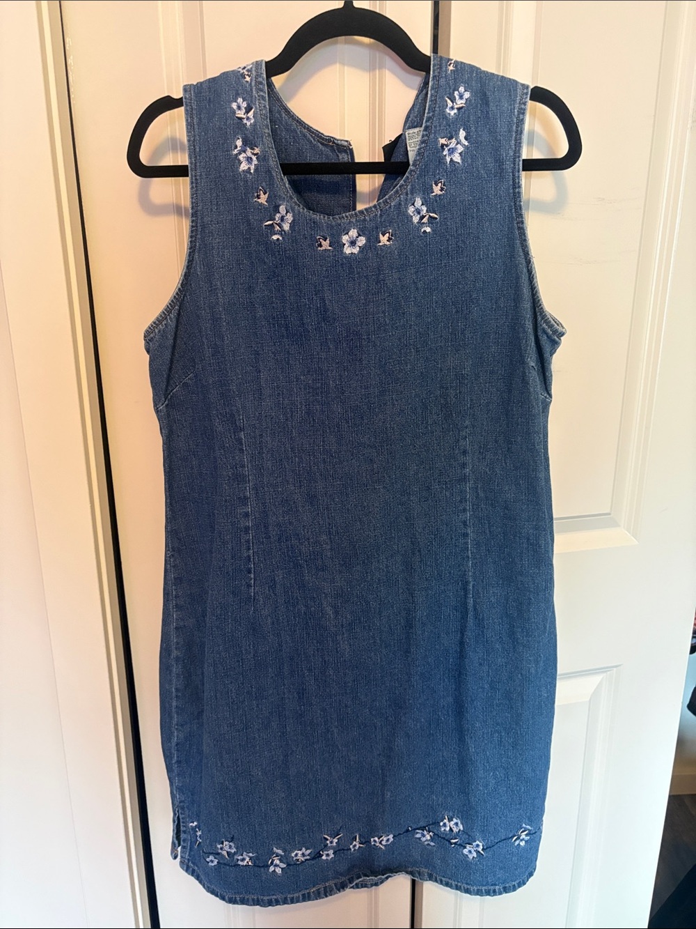 Sleeveless Blue Denim Mini Dress with White Floral Embroidery